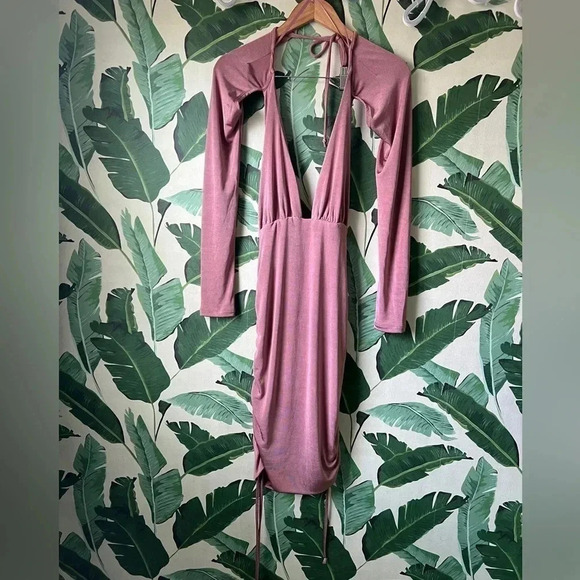 Luxxel Pink Long Sleeve Plunge Deep V Open Back Dress Size M - Picture 3 of 7